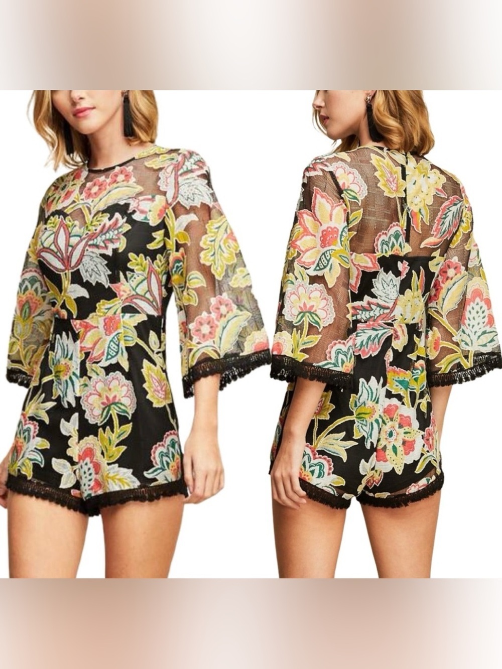 Entro Floral Mesh Bell Sleeve Romper Size L Black Multicolor Embroidered Lace